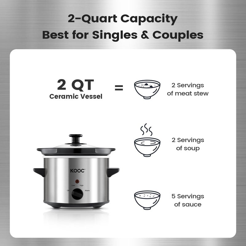 KOOC Small Slow Cooker, 2 Quart, Free Liners Included for Easy Clean-up, Upgraded Ceramic Crock, Adjustable Temp, Nutrient Loss Reduction, Stainless Steel, Silver, Round - Image 3
